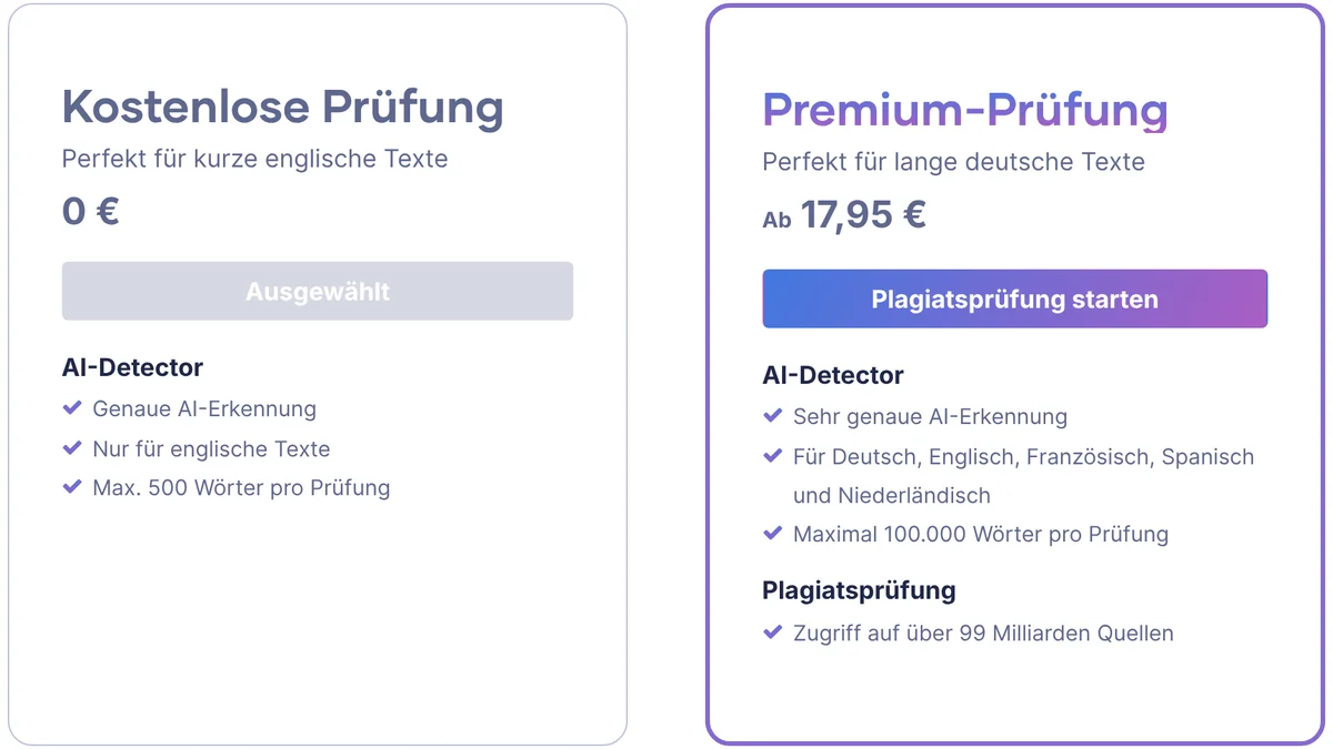 Vergleich auf der Scribbr-AI-Detector-Seite: Kostenlose Prüfung 0 €, nur für englische Texte, max. 500 Wörter pro Prüfung; Premium-Prüfung ab 17,95 €, für Deutsch, Englisch, Französisch, Spanisch und Niederländisch, maximal 100.000 Wörter pro Prüfung