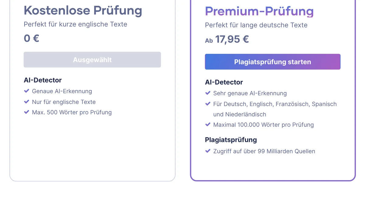 Screenshot dalla pagina AI-Detector di scribbr.de, in tedesco: a sinistra la versione gratuita, solo per testi inglesi fino a 500 parole; a destra il controllo Premium da 17,95 €, con il rilevatore IA per tedesco, inglese, francese, spagnolo e olandese, senza l’italiano