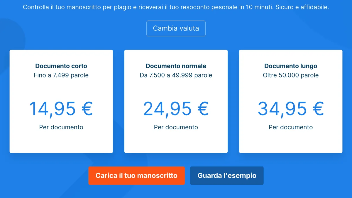Screenshot dei prezzi del Software Antiplagio su scribbr.it: Documento corto 14,95 €, Documento normale 24,95 €, Documento lungo 34,95 €, per documento, con il pulsante Cambia valuta