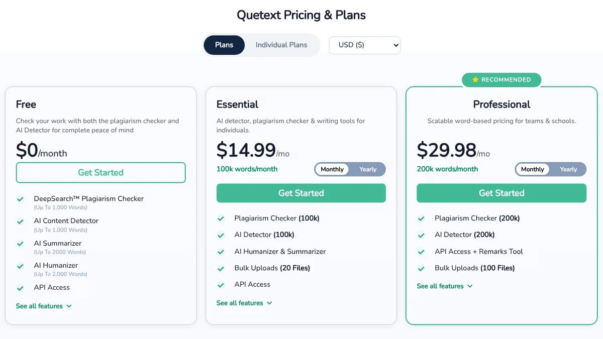 Quetext pricing page in US dollars: Free plan at $0 per month with plagiarism checks up to 1,000 words, Essential at $14.99 per month for 100k words, Professional at $29.98 per month