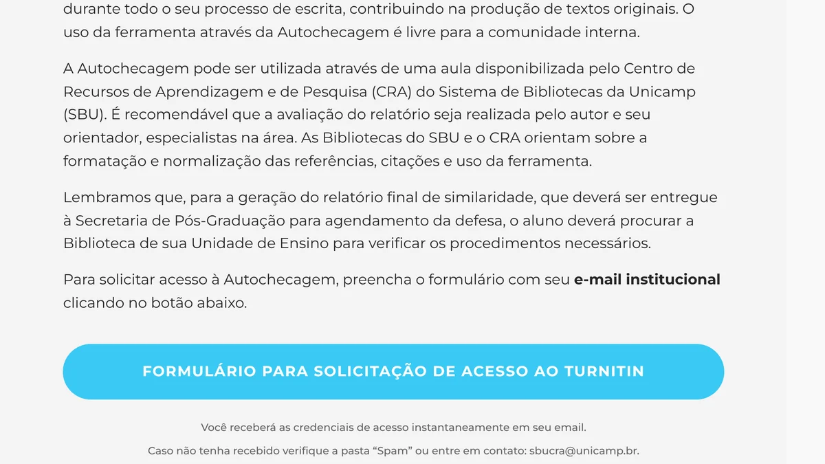 Captura da página do Turnitin no site do Sistema de Bibliotecas da Unicamp: autochecagem livre para a comunidade interna, formulário com e-mail institucional e credenciais enviadas por e-mail