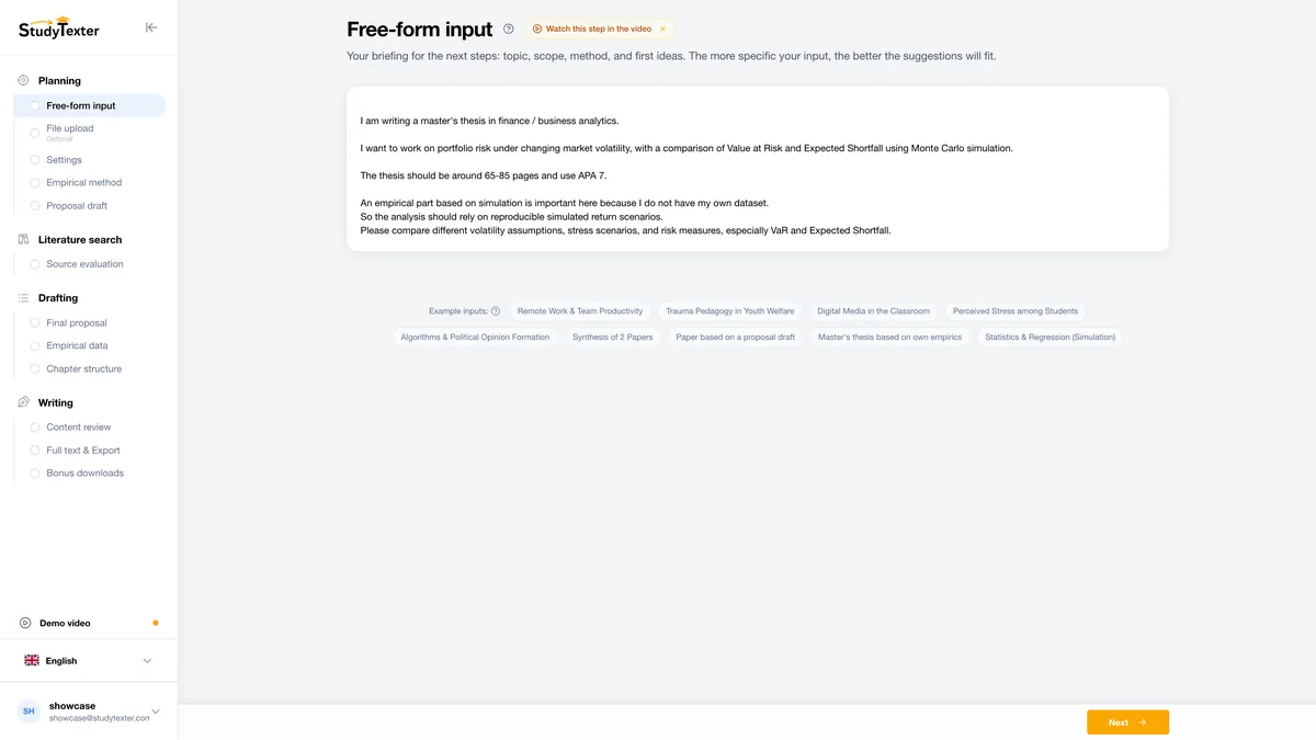 StudyTexter step 1: Topic in your words (screenshot)