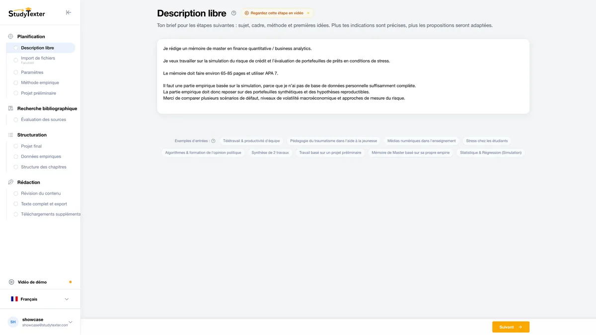 StudyTexter étape 1 : Texte libre (capture d'écran)