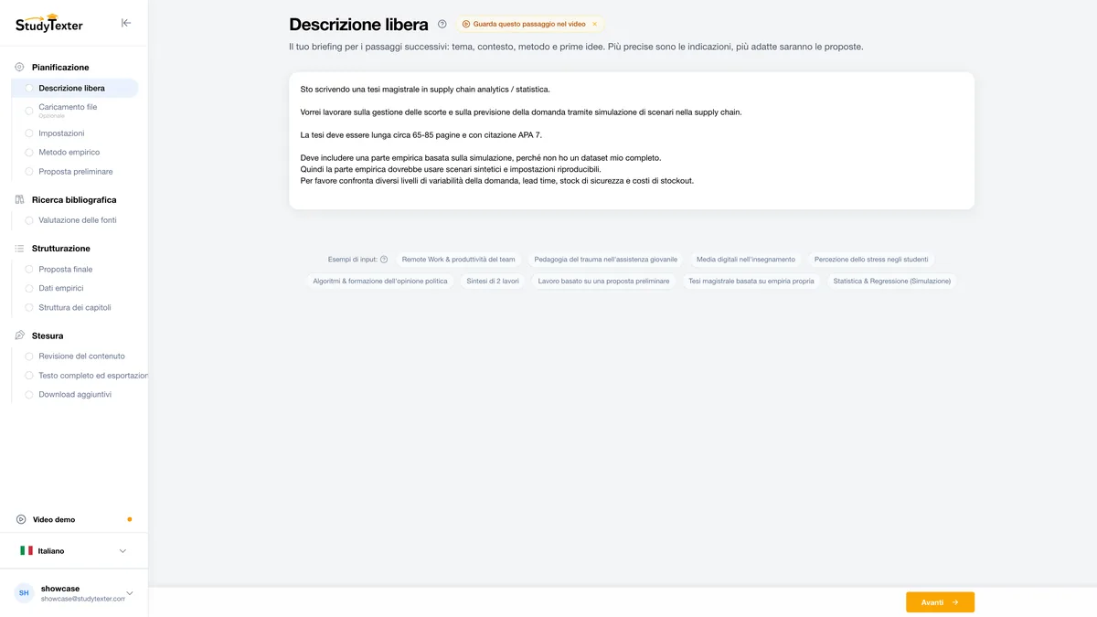 StudyTexter passo 1: Descrizione libera (screenshot)