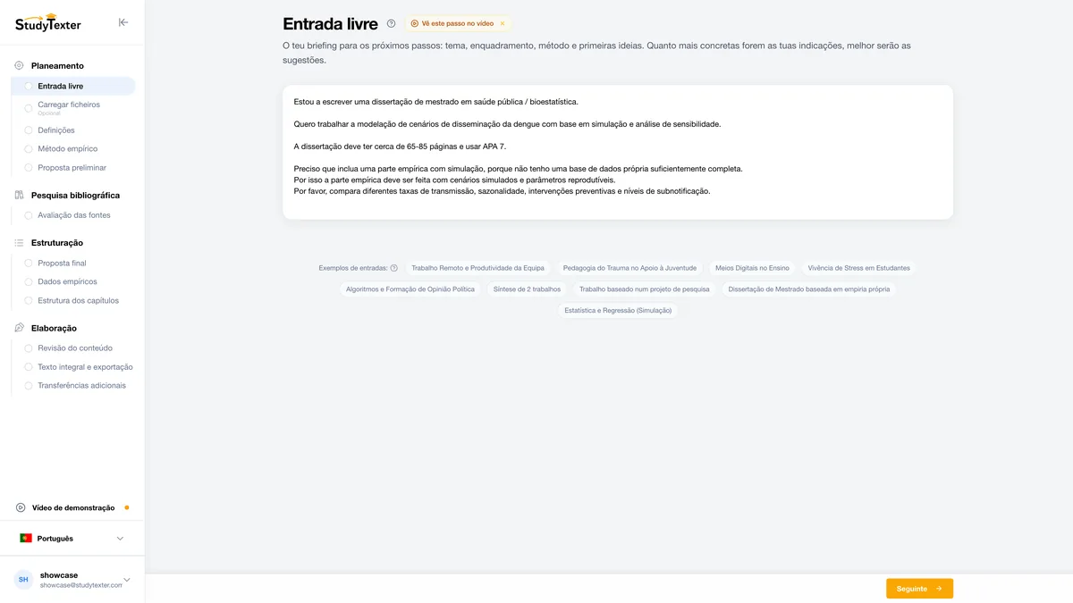StudyTexter etapa 1: Texto livre (captura de tela)