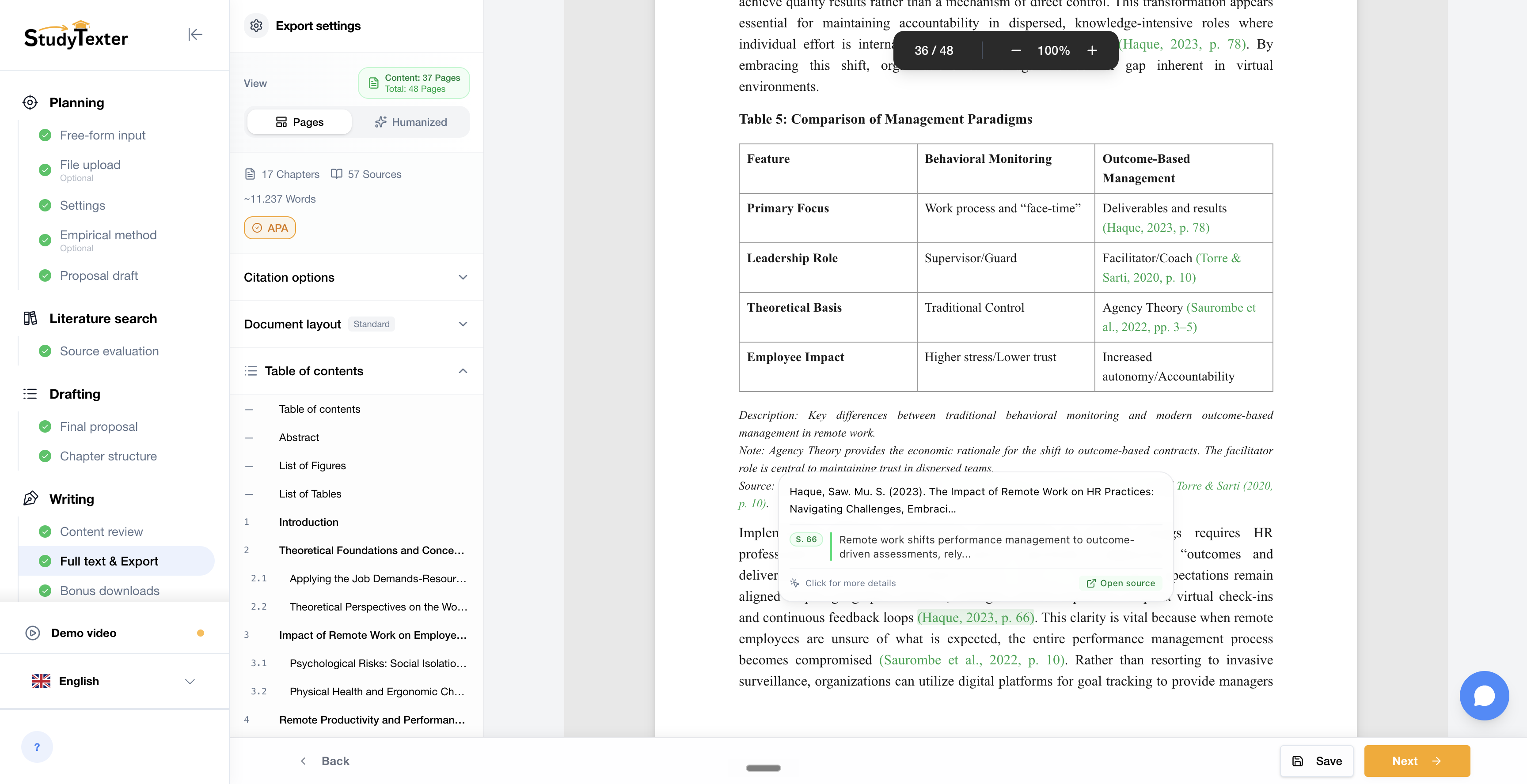 research proposal generator workflow in the StudyTexter editor