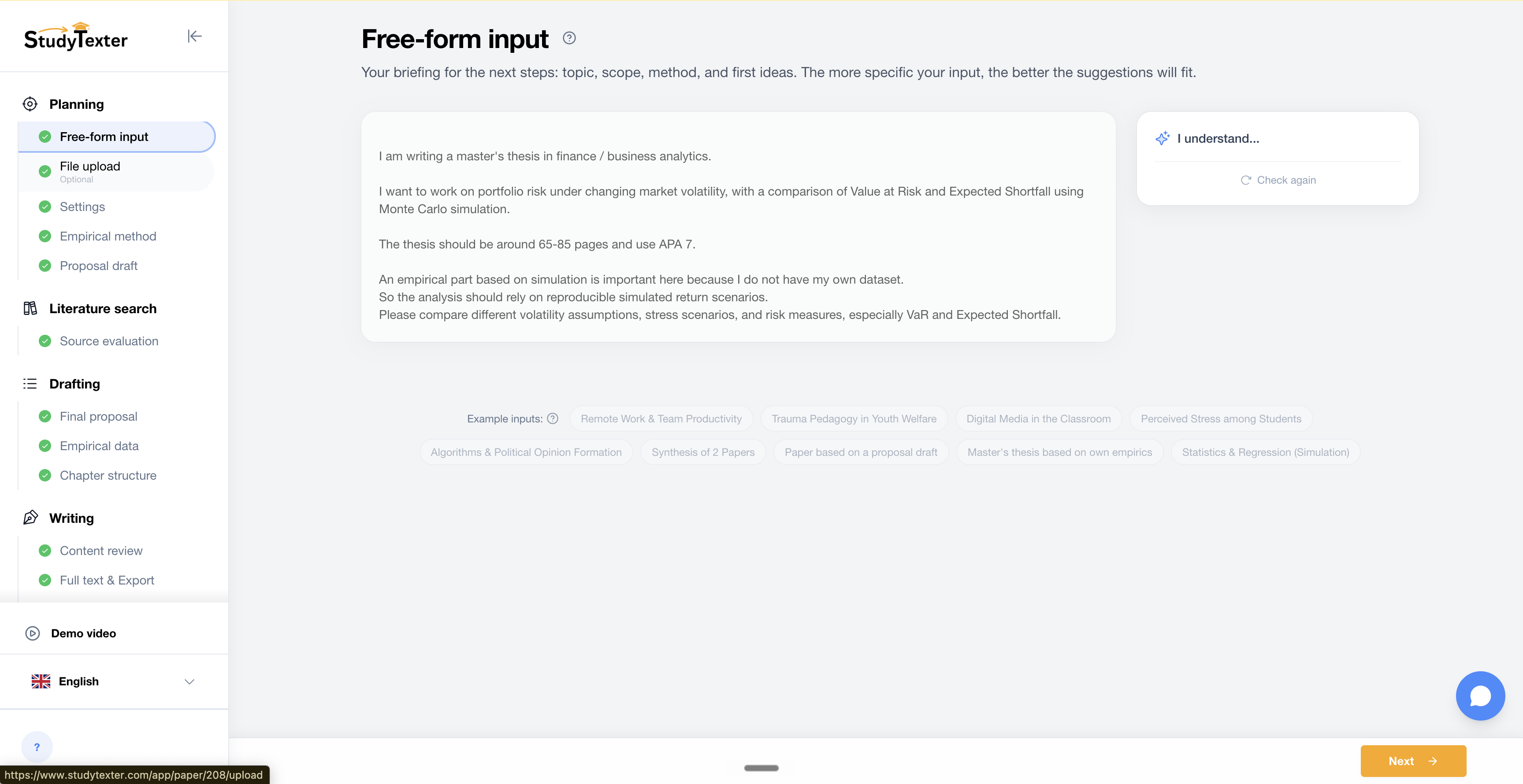 research proposal generator — inside the StudyTexter editor